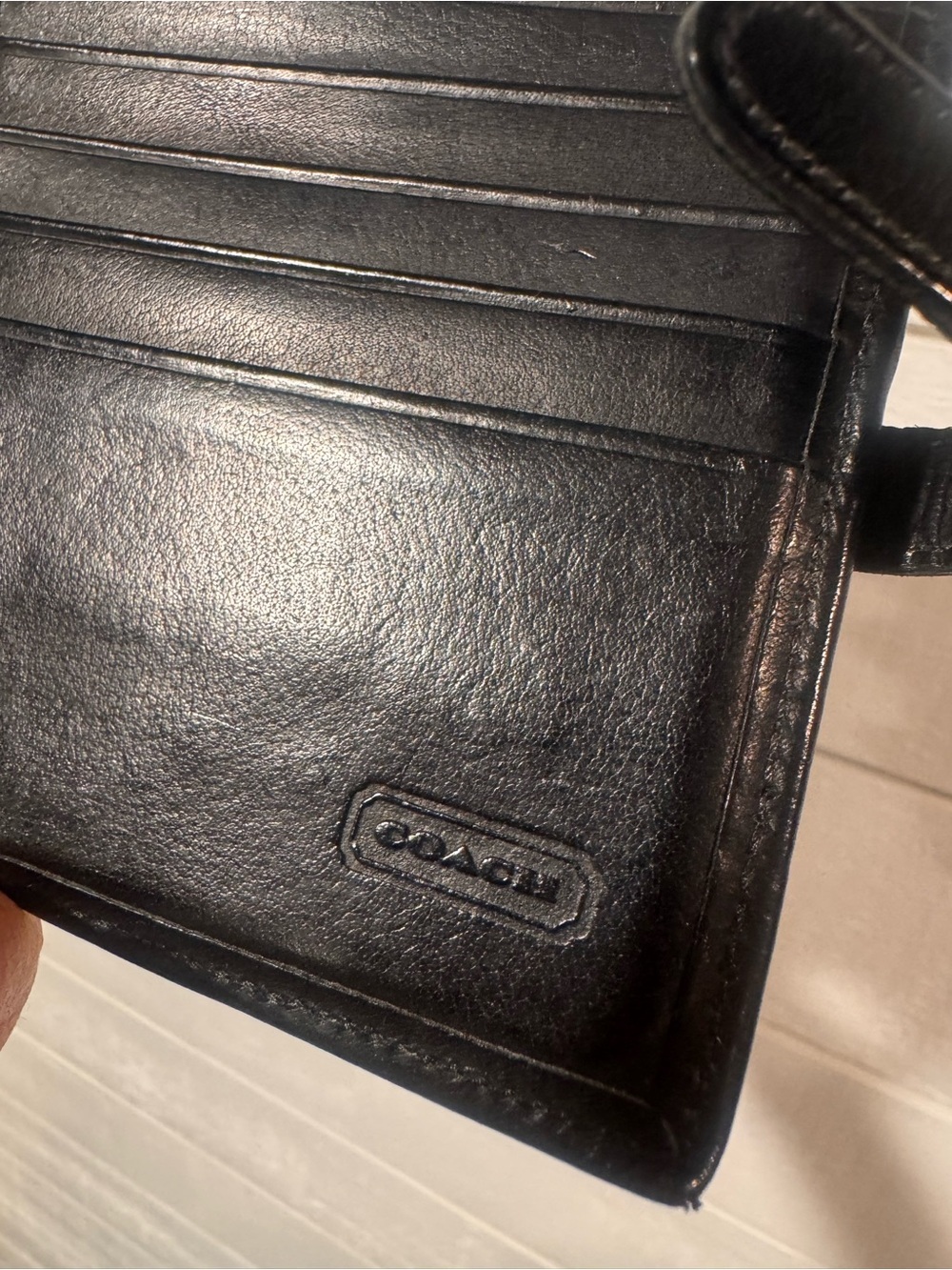 Vintage COACH Black Leather Wallet w/ gold tone snap button and strap